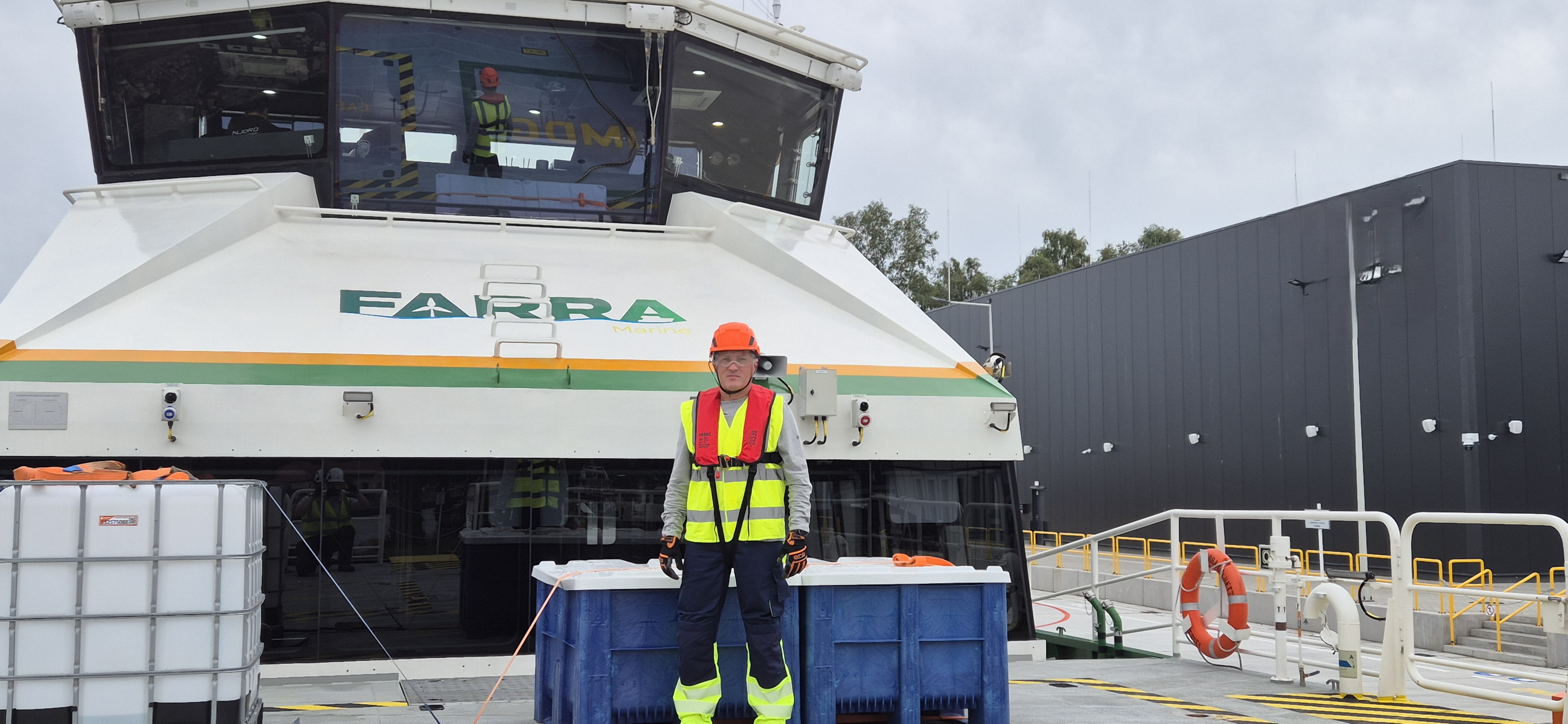 Inspector on the deck of a crew transfer vessel